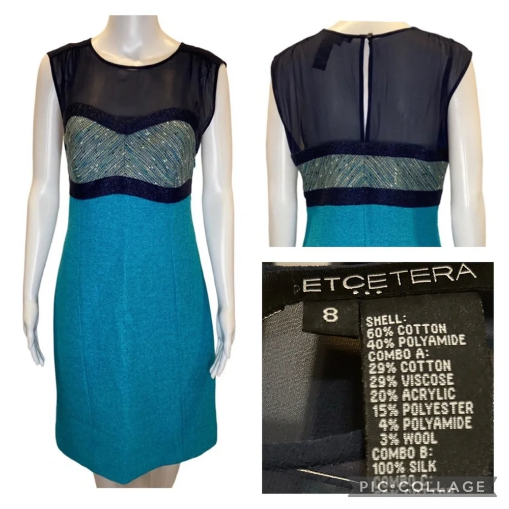 NWT Etcetera Bonita Aqua Navy Sheer Tweed Knee length Sheath Dress Size 8